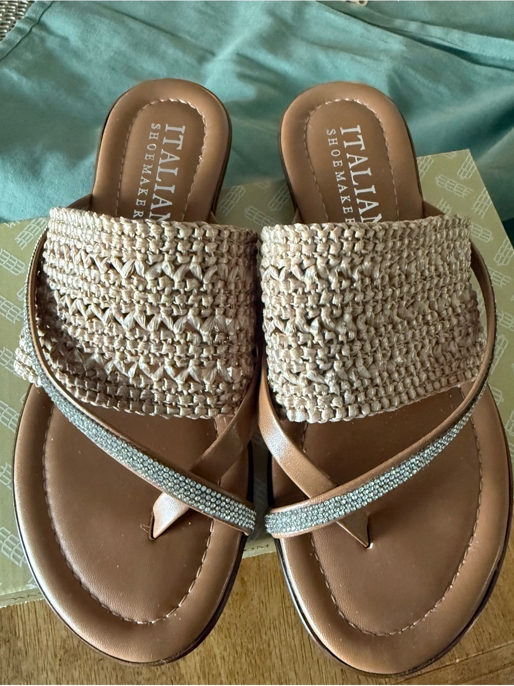 Italian Shoemakers Tan Woven Slide Sandals with Sparkling Toe Strap